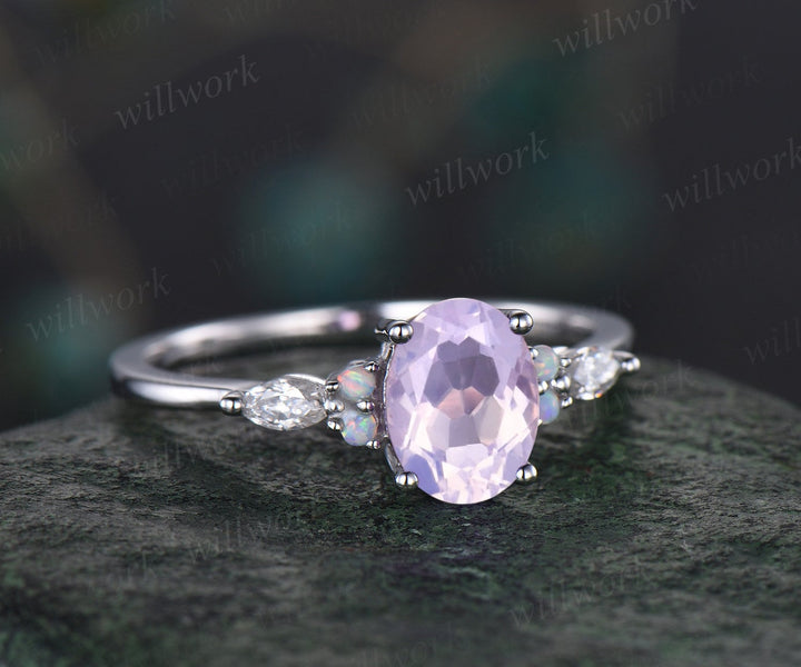 Vintage oval Lavender Amethyst engagement ring white gold opal ring moissanite promise wedding bridal ring set women purple gemstone gift