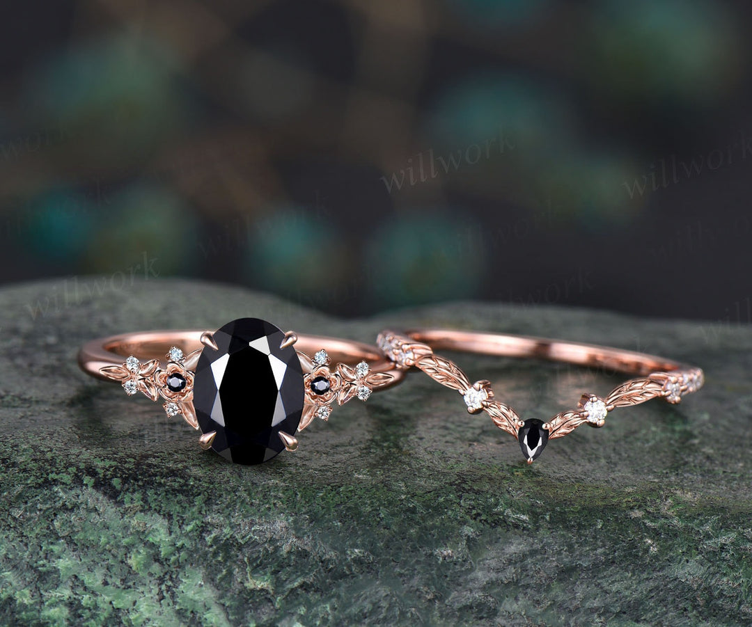 Vintage oval black Onyx engagement ring rose gold leaf nature inspired black spinel diamond ring women art deco bridal promise ring set