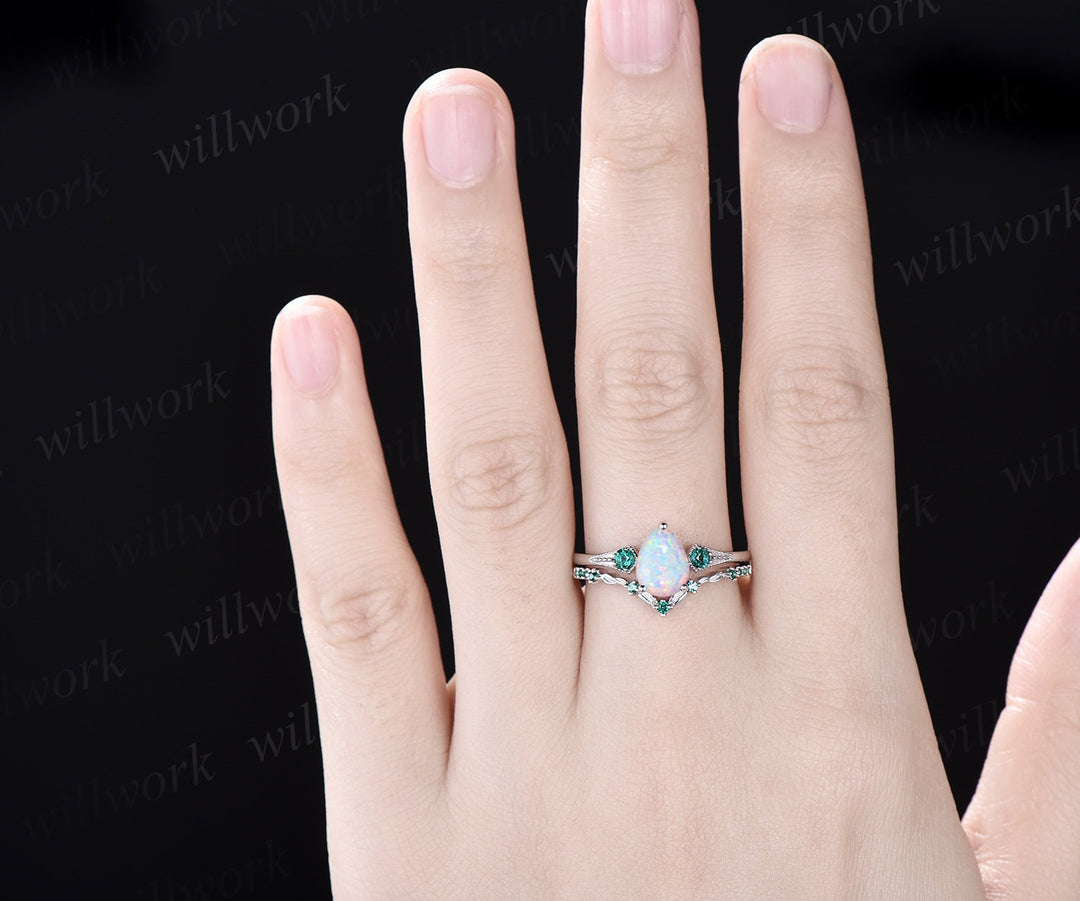 Vintage pear white opal engagement ring white gold Milgrain leaf three stone emerald wedding ring band women antique promise ring set