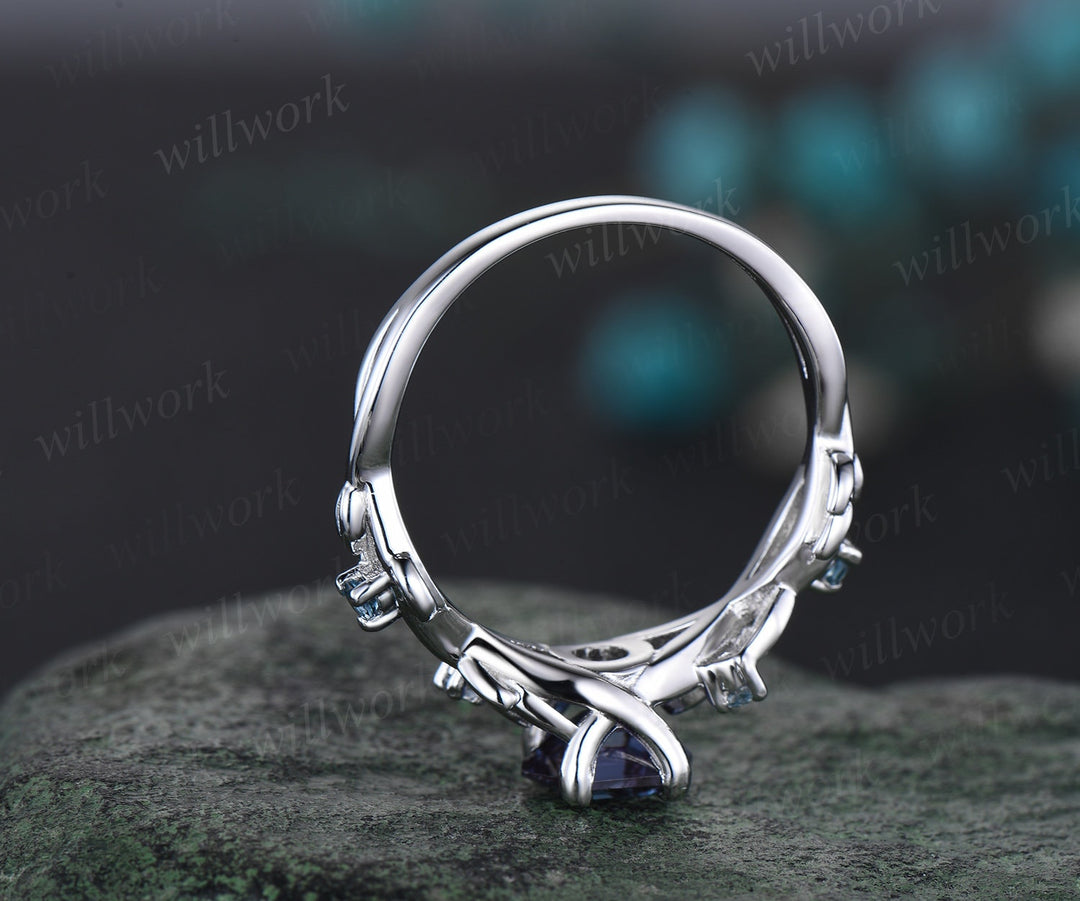 Leaf five stone hexagon London blue topaz engagement ring women white gold art deco East to west crystal ring blue gemstone promise ring her