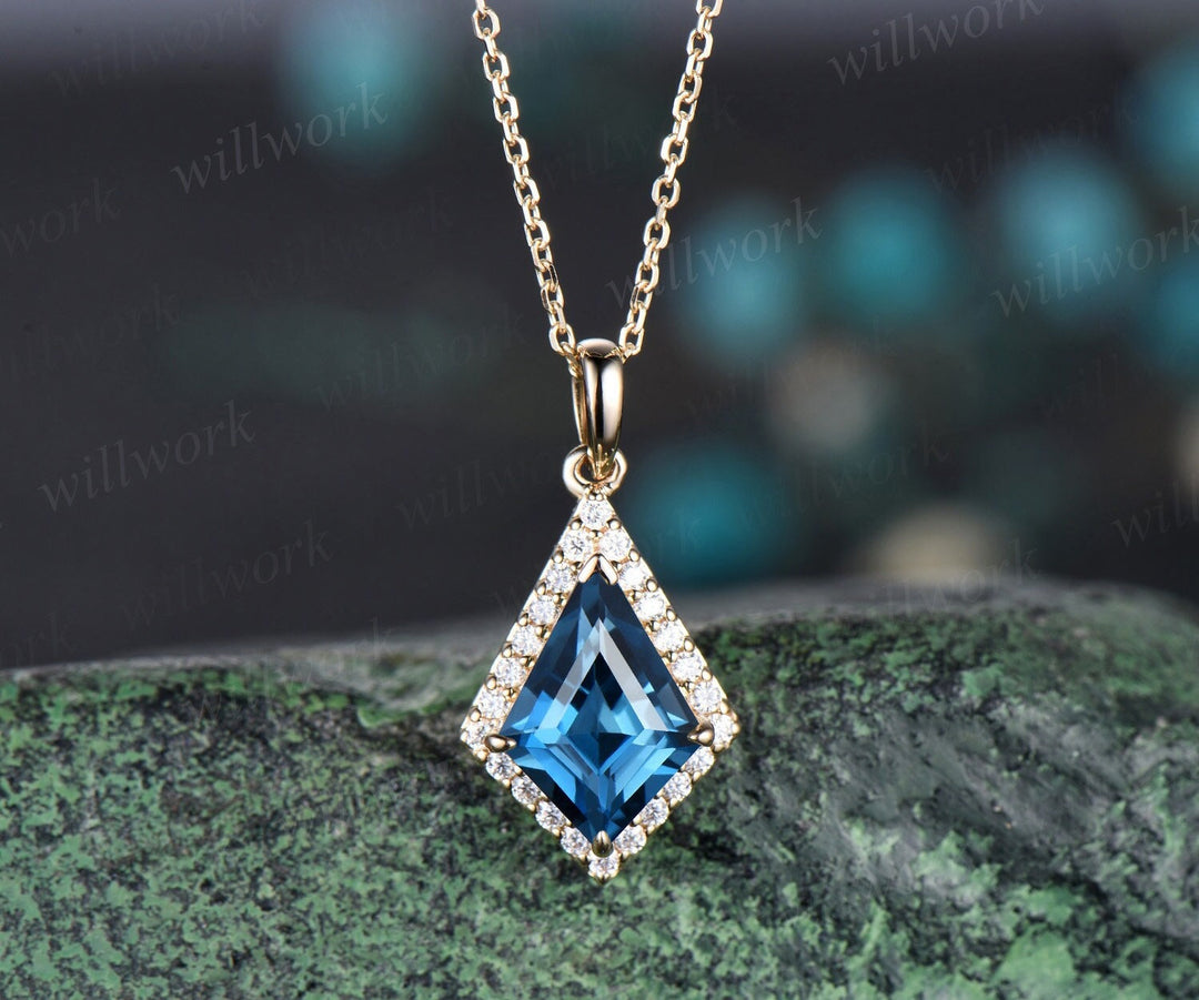 Vintage kite London blue topaz necklace solid 14k 18k yellow gold halo diamond pendant women dainty unique anniversary gift mother jewelry
