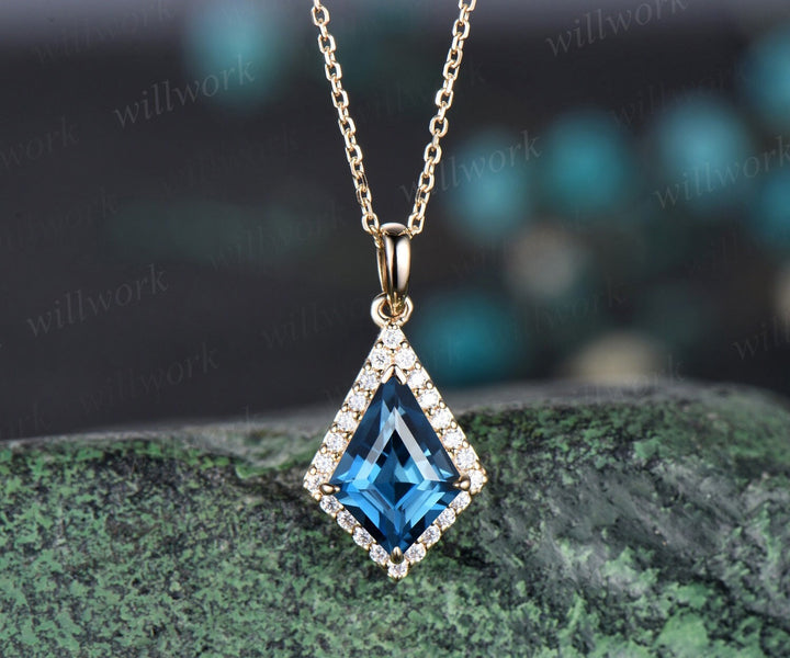 Vintage kite London blue topaz necklace solid 14k 18k yellow gold halo diamond pendant women dainty unique anniversary gift mother jewelry
