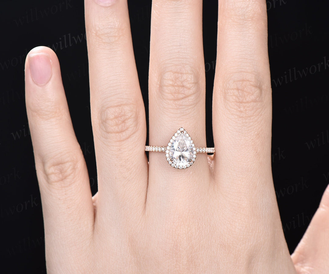 Vintage pear shaped IGI lab-grown diamond engagement ring rose gold half eternity halo diamond-accented ring unique stacking wedding bridal ring women