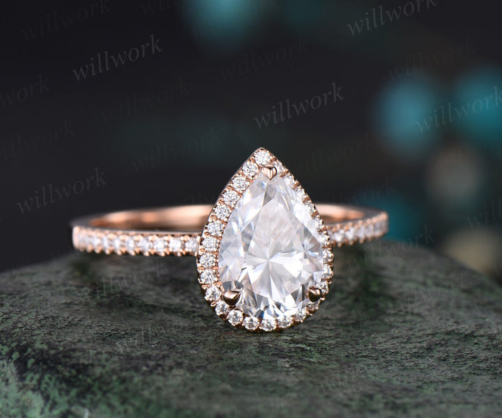Vintage pear shaped IGI lab-grown diamond engagement ring rose gold half eternity halo diamond-accented ring unique stacking wedding bridal ring women