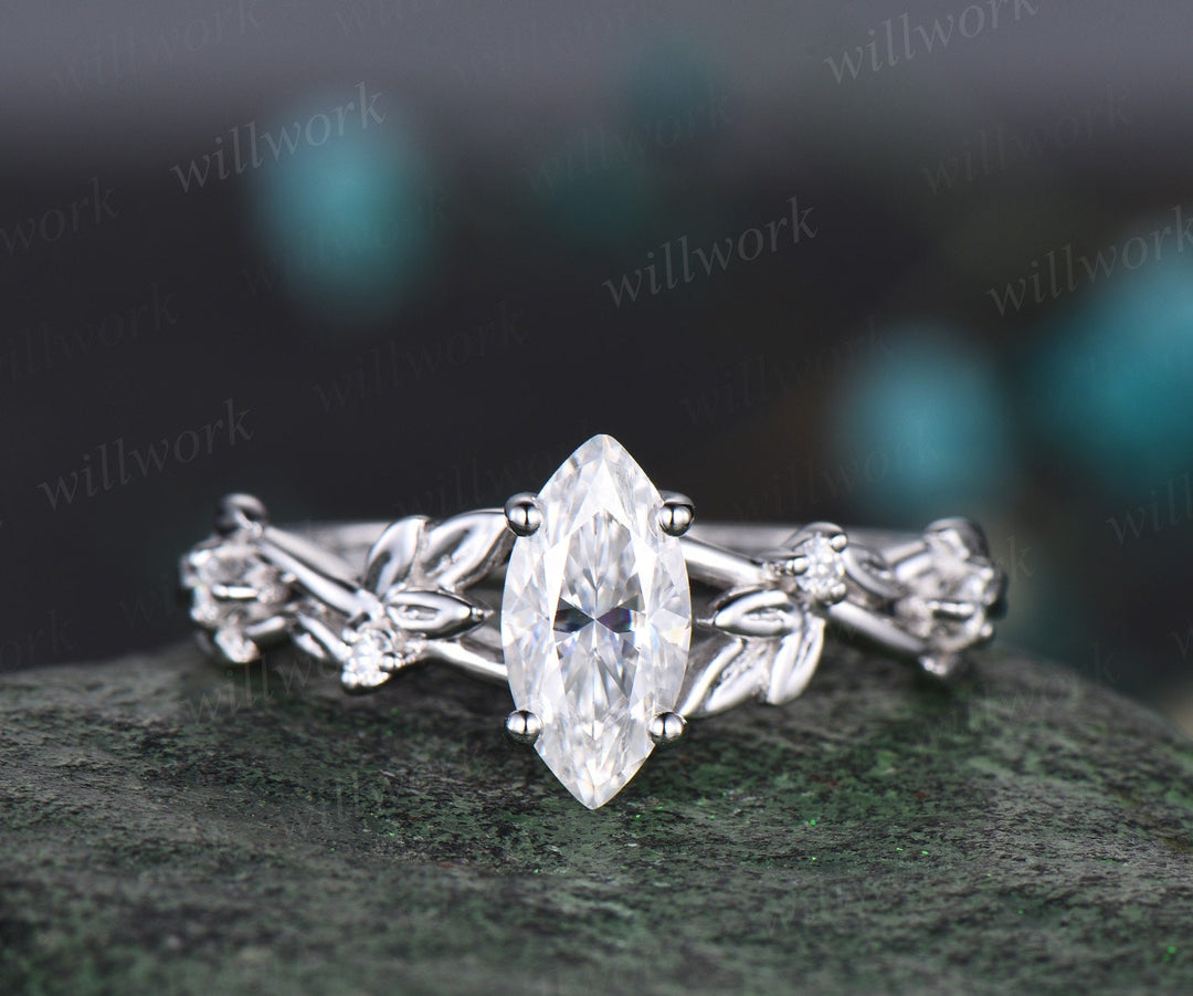 Vintage marquise cut moissanite engagement ring women twig leaf Nature inspired white gold ring branch diamond bridal ring set gift