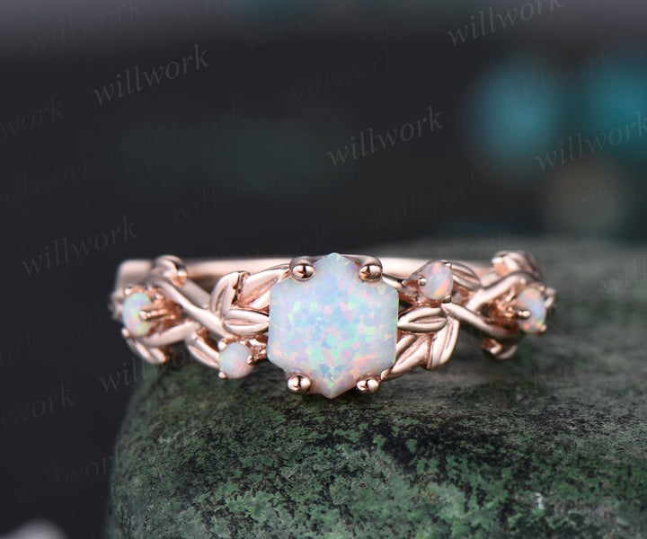 Hexagon white opal ring vintage rose gold leaf nature inspired five stone opal engagement ring art deco twisted branch wedding ring women