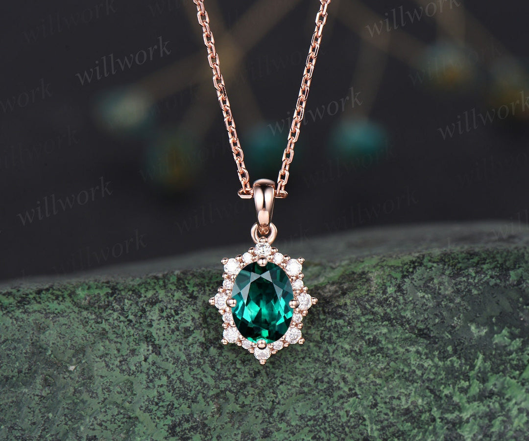 Vintage oval green emerald necklace solid 14k 18k rose gold halo snowdrift diamond pendant women May birthstone anniversary gift jewelry