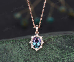 Unique oval alexandrite necklace rose gold star snowdrift halo moissanite diamond necklace pendant women bridal anniversary gift jewelry