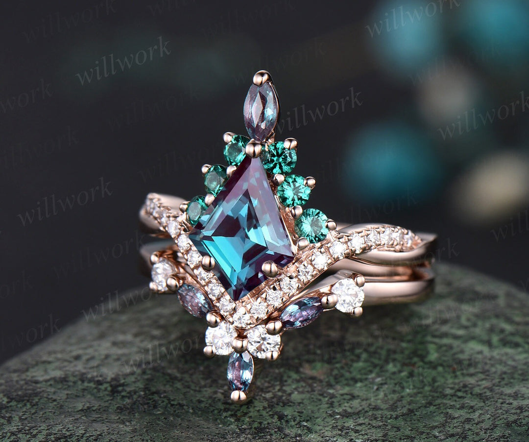 Vintage kite alexandrite engagement ring set 14k rose gold art deco emerald ring women twisted eternity halo diamond bridal promise ring