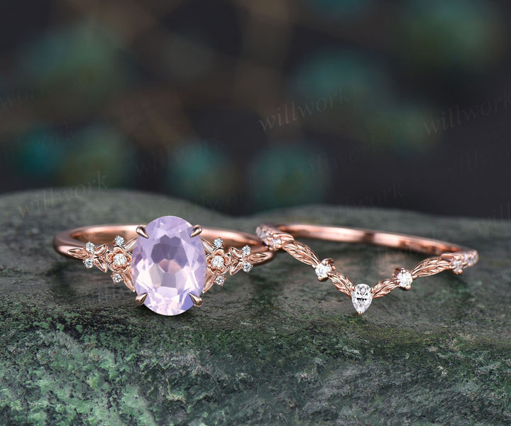 Vintage oval Lavender Amethyst engagement ring set 14k rose gold leaf floral nature inspired diamond ring unique promise wedding ring women