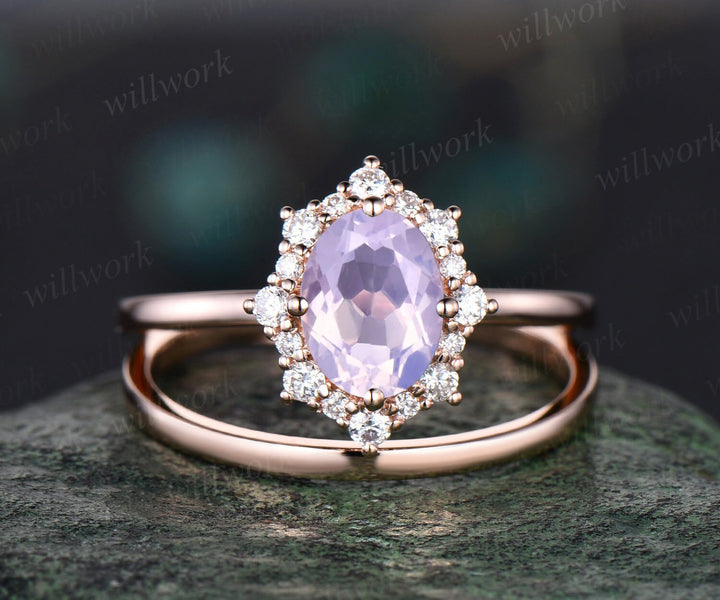 Oval cut Lavender Amethyst engagement ring snowdrift halo diamond bridal set solid 14k rose gold stacking Solitaire wedding ring band women