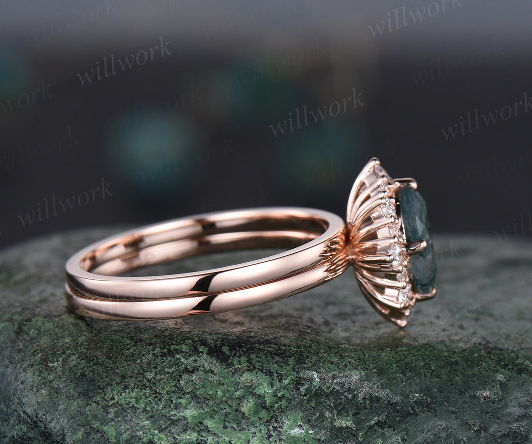 Oval cut Lavender Amethyst engagement ring snowdrift halo diamond bridal set solid 14k rose gold stacking Solitaire wedding ring band women