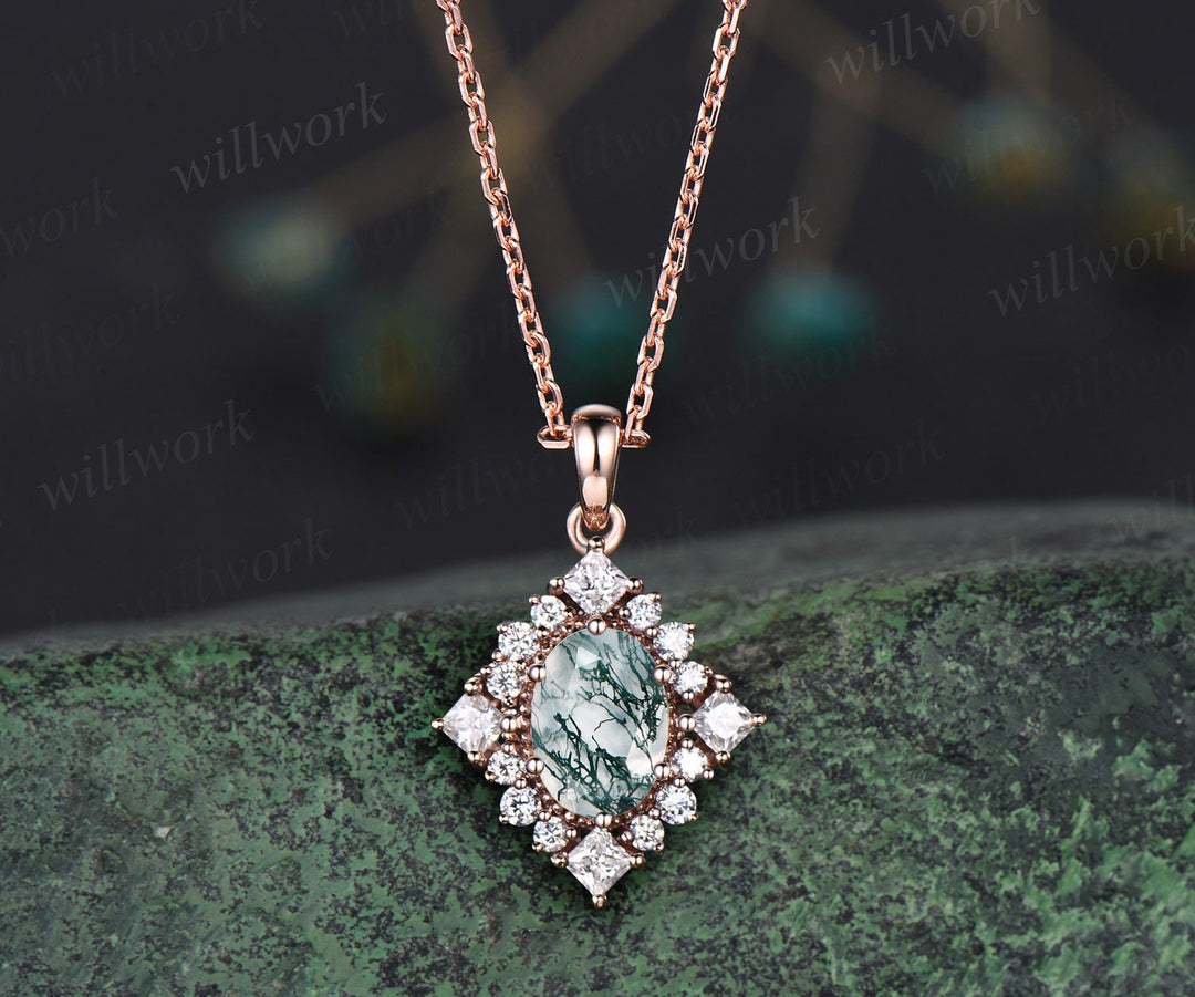 Unique oval green moss agate necklace solid 14k 18k gold halo princess moissanite diamond necklace pendant women anniversary gift jewelry