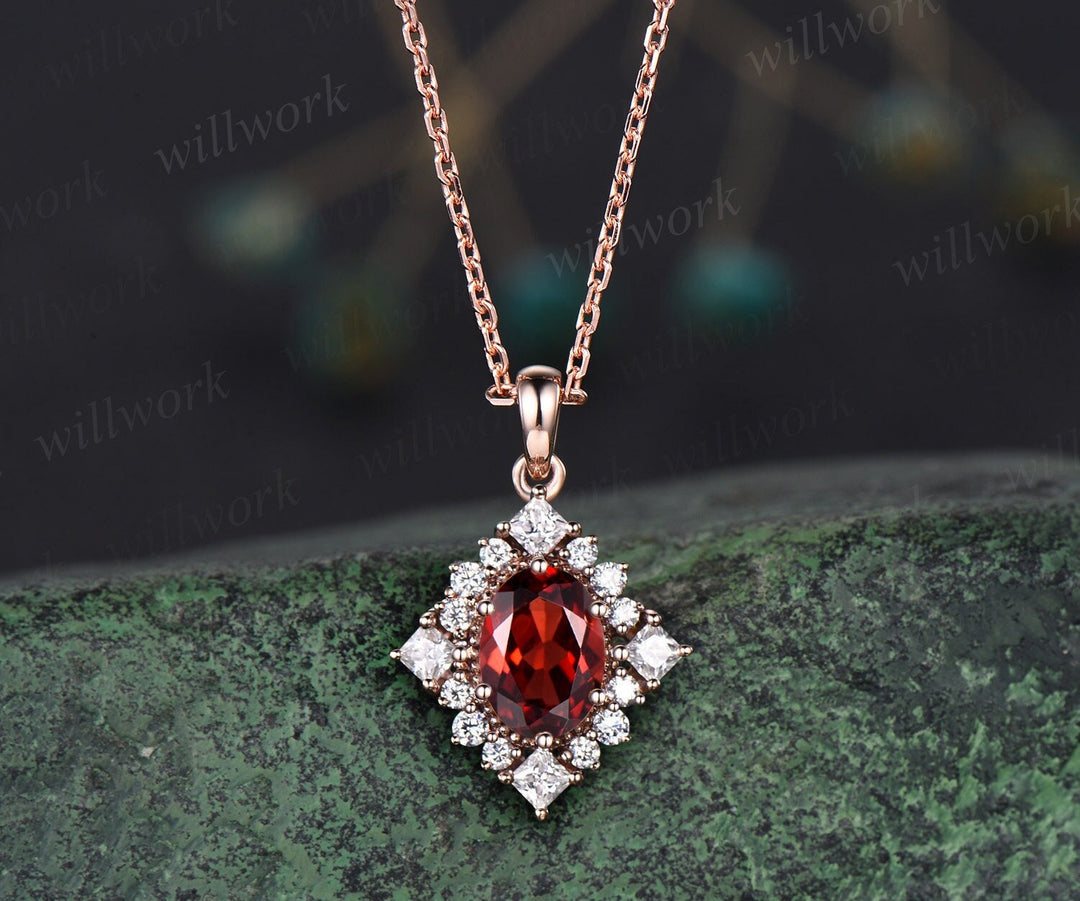 Vintage oval red garnet necklace solid 14k 18k rose gold art deco princess moissanite diamond necklace pendant women bridal promise gift