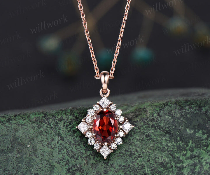 Vintage oval red garnet necklace solid 14k 18k rose gold art deco princess moissanite diamond necklace pendant women bridal promise gift
