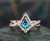 Vintage kite cut alexandrite engagement ring 14k rose gold eternity infinity Twisted snowdrift halo diamond wedding bridal ring women gift