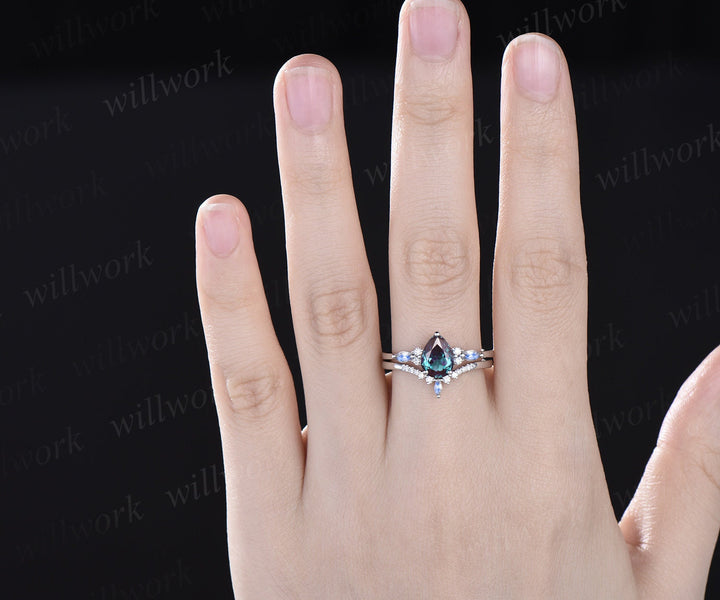 Pear shaped alexandrite engagement ring solid 14k white gold marquise moonstone ring vintage diamond wedding promise ring women her jewelry