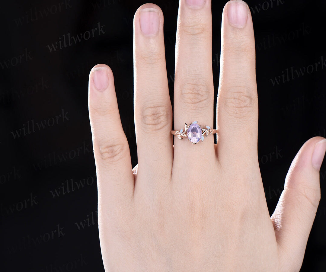 Oval Lavender Amethyst ring vintage leaf marquise opal ring women five stone unique nature inspired engagement ring twig wedding ring gift
