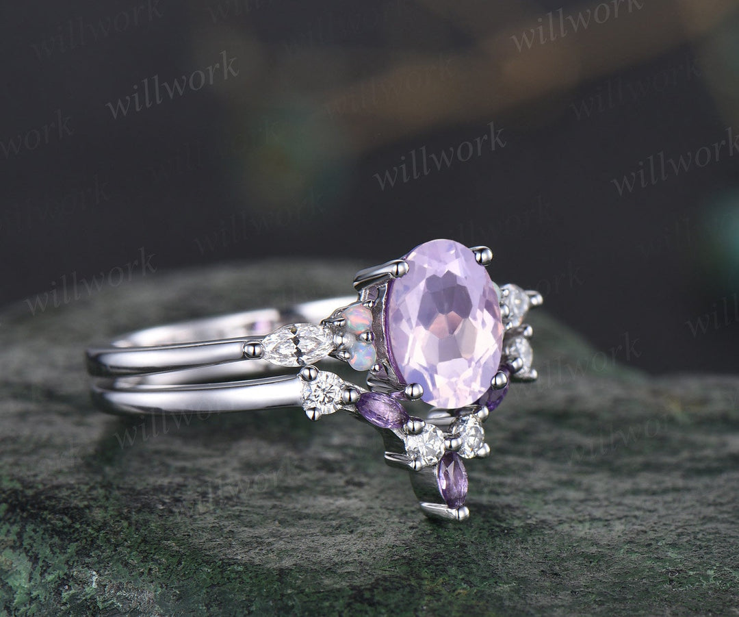 Vintage oval Lavender Amethyst engagement ring white gold opal ring moissanite promise wedding bridal ring set women purple gemstone gift