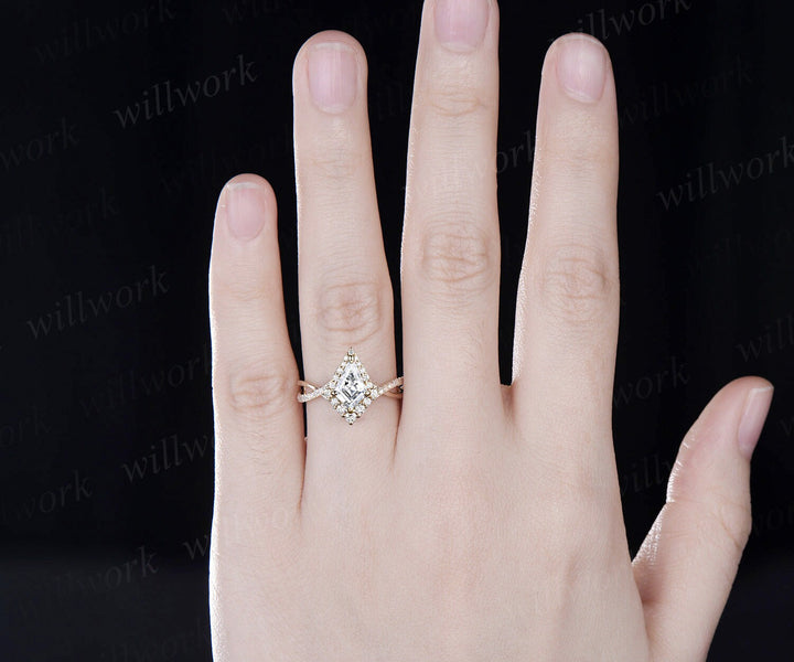 Kite cut IGI lab-grown diamond engagement ring solid 14k rose gold half eternity infinity Twisted halo diamond wedding bridal ring women