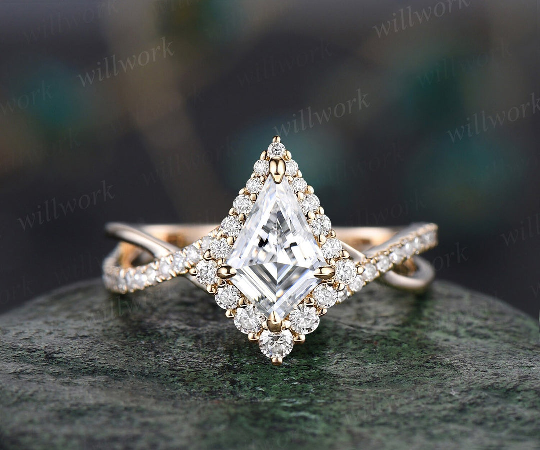Kite cut IGI lab-grown diamond engagement ring solid 14k rose gold half eternity infinity Twisted halo diamond wedding bridal ring women