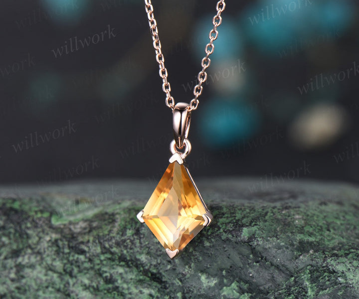 Kite yellow citrine necklace solid 14k 18k rose gold vintage unique Personalized pendant women her Crystal anniversary bridal gift mother
