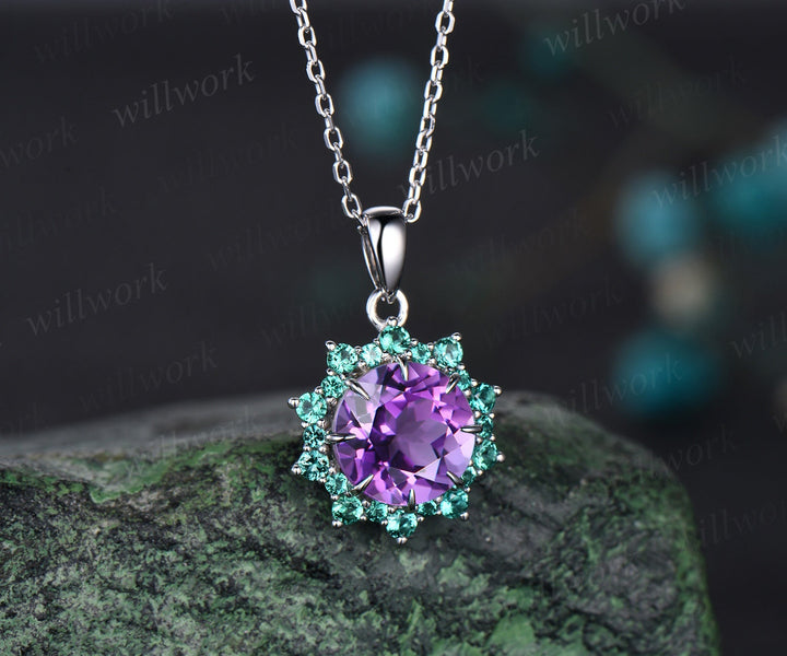 Vintage round purple amethyst necklace 8 prong snowdrift halo emerald pendant for women solid 14k white gold February birthstone gift her