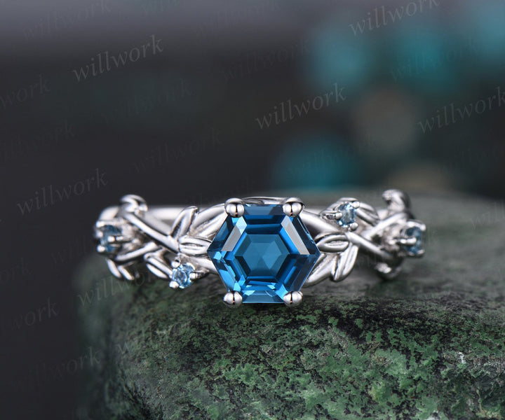 Leaf five stone hexagon London blue topaz engagement ring women white gold art deco East to west crystal ring blue gemstone promise ring her