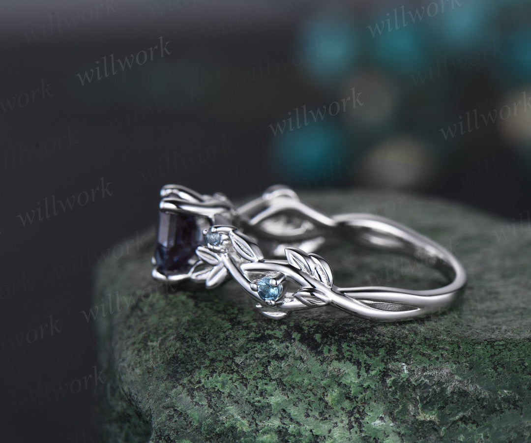 Leaf five stone hexagon London blue topaz engagement ring women white gold art deco East to west crystal ring blue gemstone promise ring her
