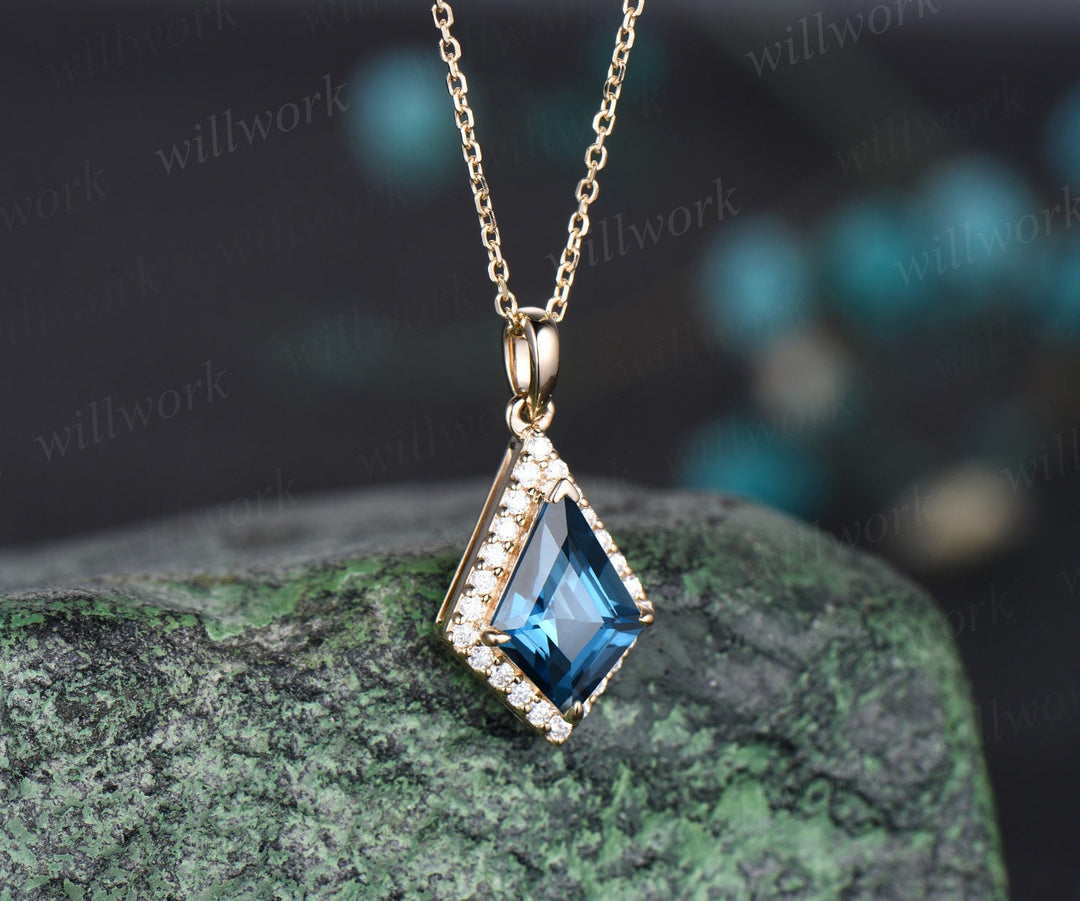 Vintage kite London blue topaz necklace solid 14k 18k yellow gold halo diamond pendant women dainty unique anniversary gift mother jewelry