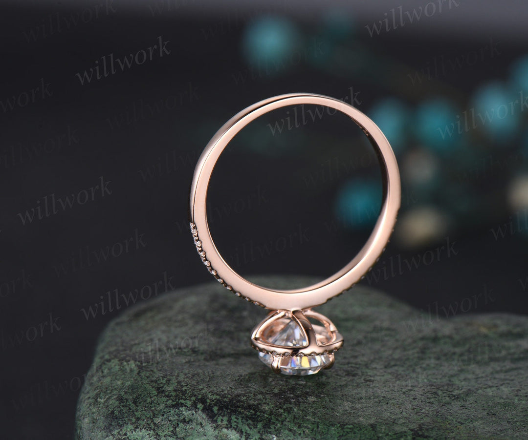 Vintage pear shaped IGI lab-grown diamond engagement ring rose gold half eternity halo diamond-accented ring unique stacking wedding bridal ring women
