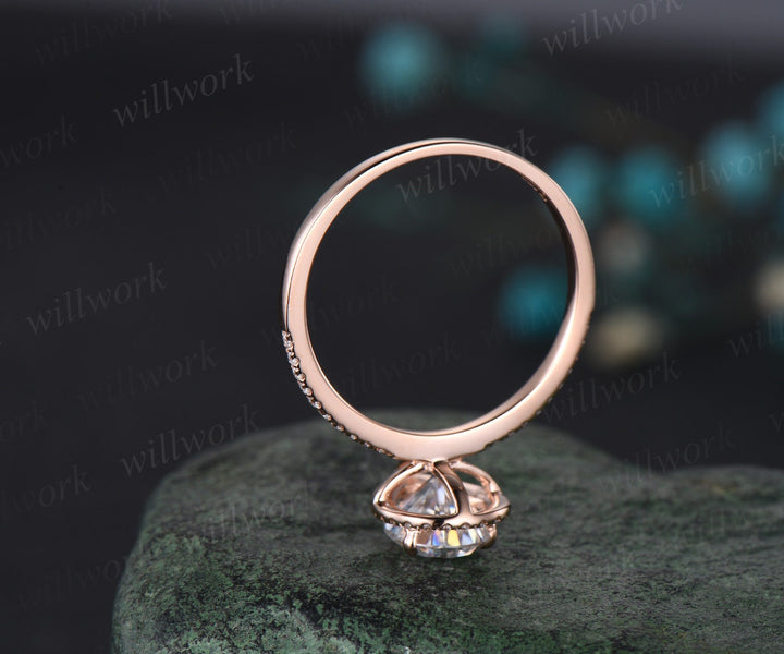 Vintage pear shaped IGI lab-grown diamond engagement ring rose gold half eternity halo diamond-accented ring unique stacking wedding bridal ring women