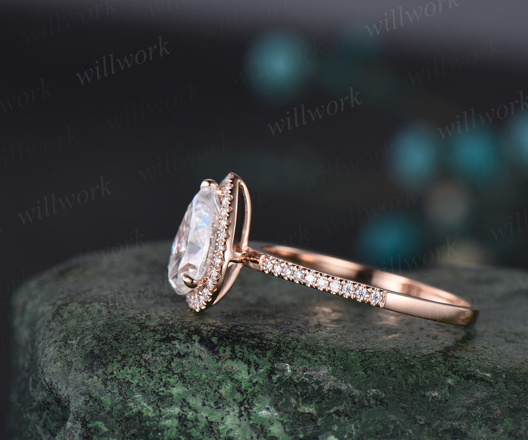 Vintage pear shaped IGI lab-grown diamond engagement ring rose gold half eternity halo diamond-accented ring unique stacking wedding bridal ring women