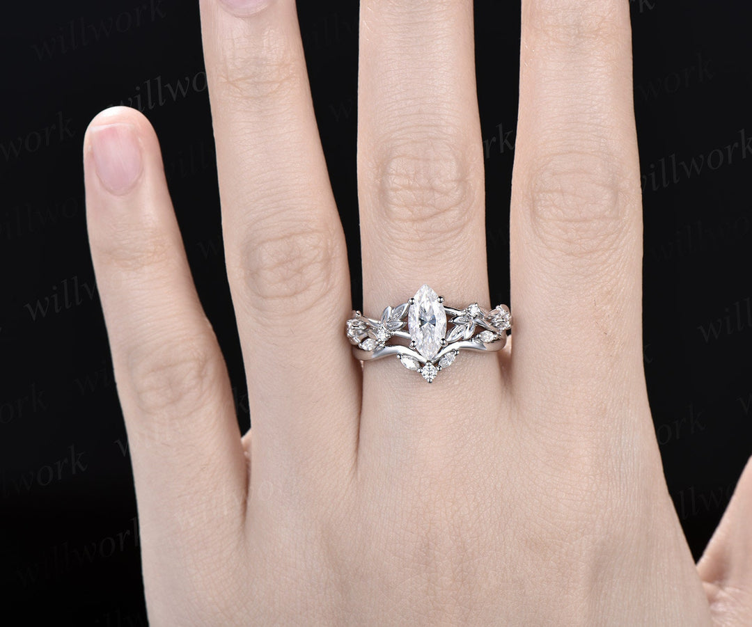 Vintage marquise cut moissanite engagement ring women twig leaf Nature inspired white gold ring branch diamond bridal ring set gift