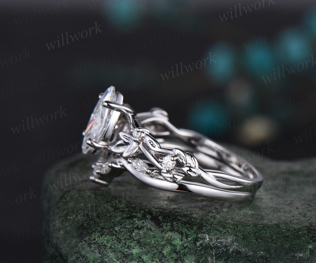 Vintage marquise cut moissanite engagement ring women twig leaf Nature inspired white gold ring branch diamond bridal ring set gift