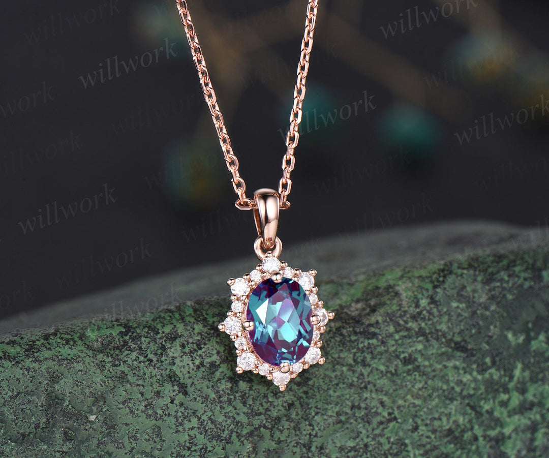 Unique oval alexandrite necklace rose gold star snowdrift halo moissanite diamond necklace pendant women bridal anniversary gift jewelry
