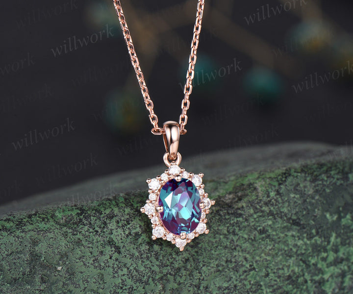 Unique oval alexandrite necklace rose gold star snowdrift halo moissanite diamond necklace pendant women bridal anniversary gift jewelry