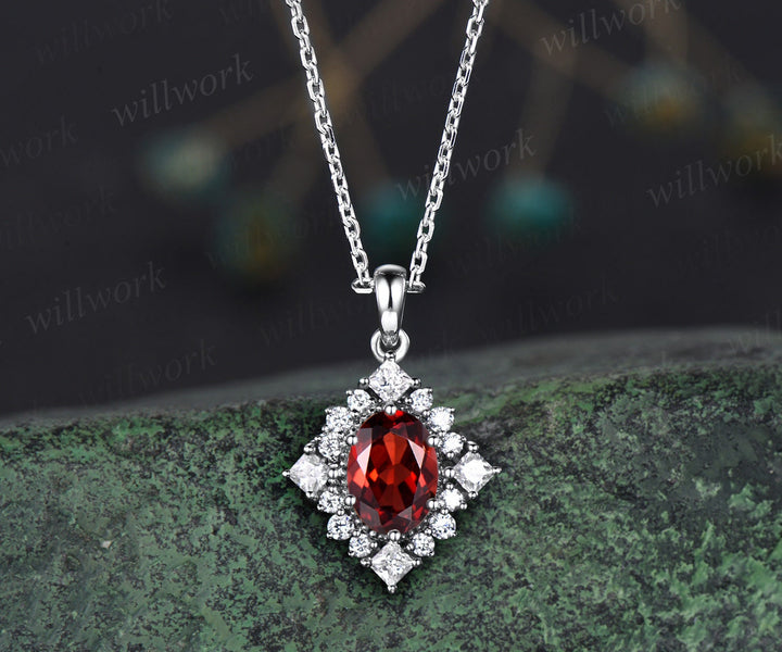 Vintage oval red garnet necklace solid 14k 18k rose gold art deco princess moissanite diamond necklace pendant women bridal promise gift