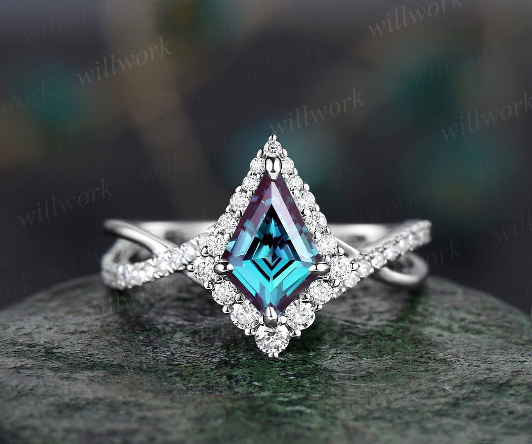 Vintage kite cut alexandrite engagement ring 14k rose gold eternity infinity Twisted snowdrift halo diamond wedding bridal ring women gift