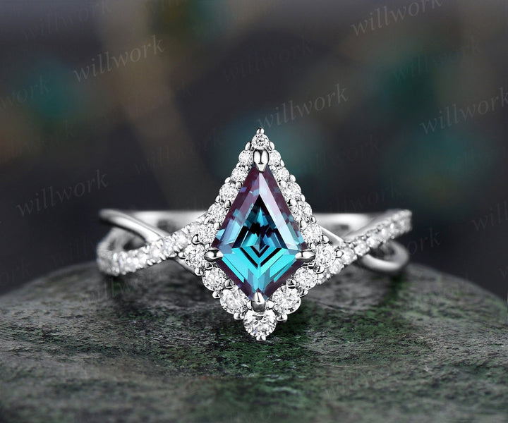 Vintage kite cut alexandrite engagement ring 14k rose gold eternity infinity Twisted snowdrift halo diamond wedding bridal ring women gift