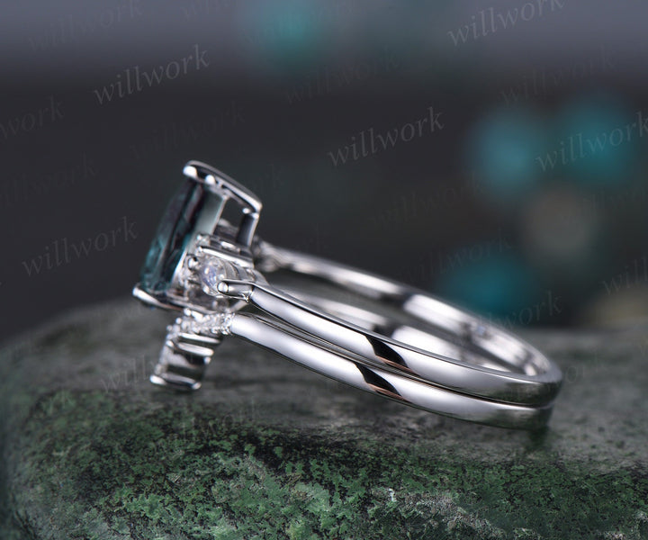 Pear shaped alexandrite engagement ring solid 14k white gold marquise moonstone ring vintage diamond wedding promise ring women her jewelry