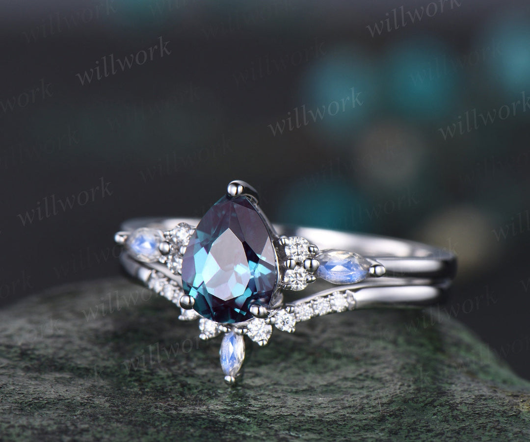 Pear shaped alexandrite engagement ring solid 14k white gold marquise moonstone ring vintage diamond wedding promise ring women her jewelry