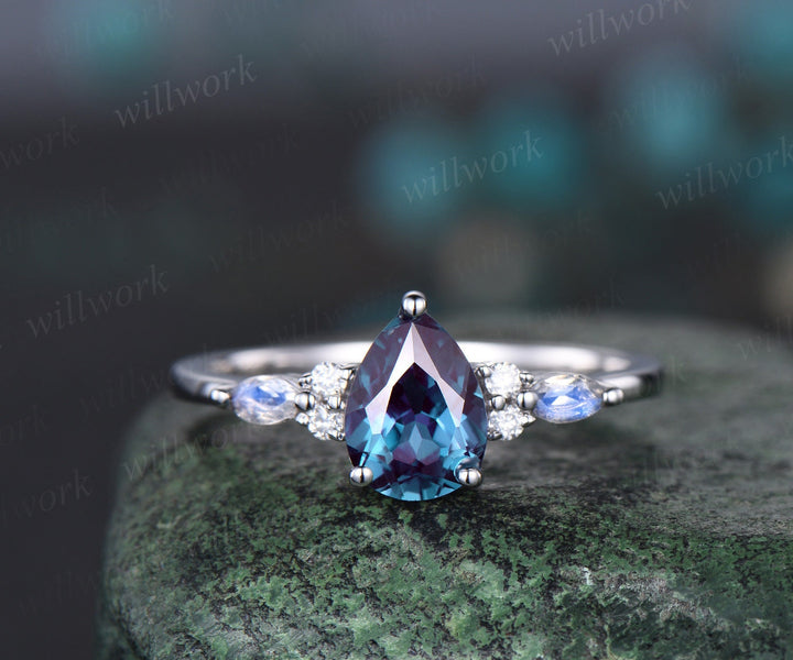 Pear shaped alexandrite engagement ring solid 14k white gold marquise moonstone ring vintage diamond wedding promise ring women her jewelry