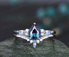 Pear shaped alexandrite engagement ring solid 14k white gold marquise moonstone ring vintage diamond wedding promise ring women her jewelry