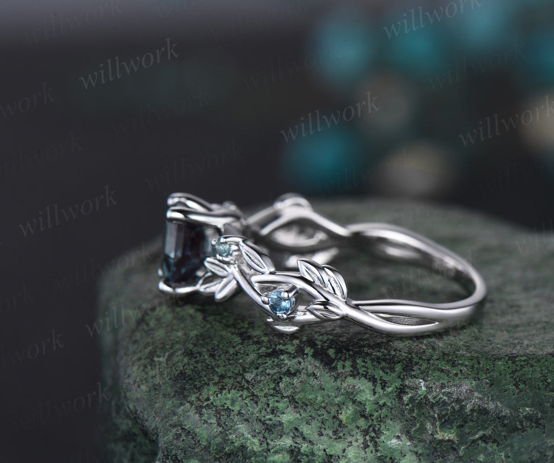 Leaf five stone hexagon Alexandrite engagement ring women white gold art deco East to west color changing gemstone promise ring her