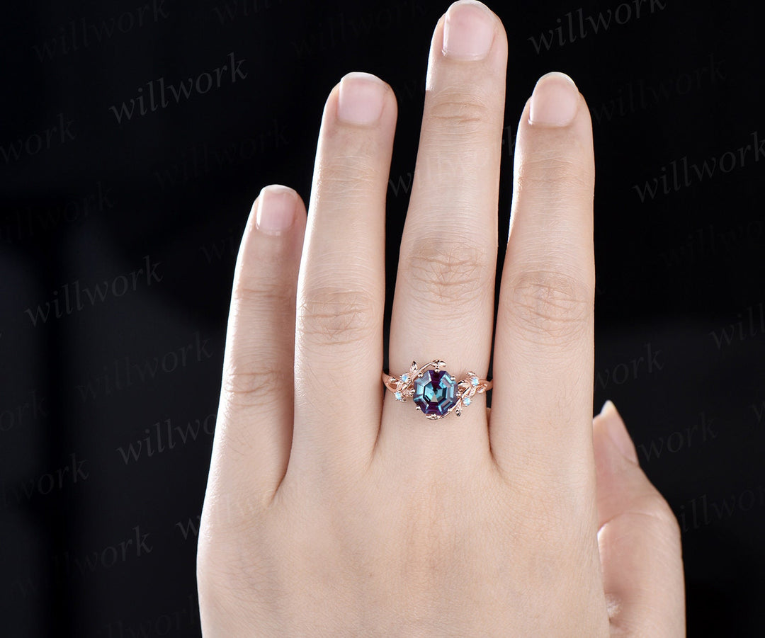 Octagon Alexandrite ring vintage five stone moonstone ring leaf nature inspired unique engagement ring rose gold antique wedding ring women