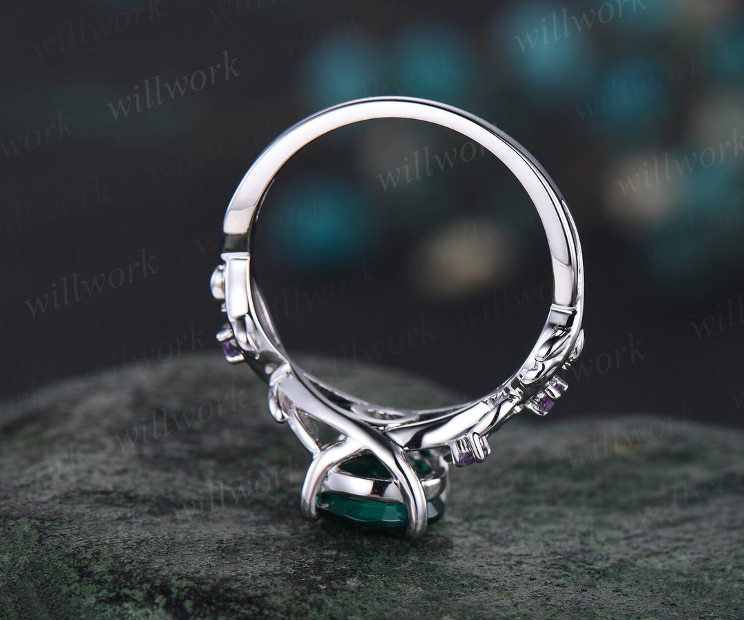 2ct Twig round green emerald engagement ring set 14k white gold five stone leaf branch Nature inspired amethyst wedding ring set for women