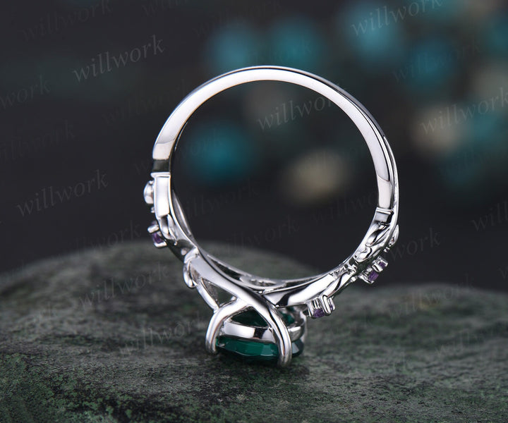 2ct Twig round green emerald engagement ring set 14k white gold five stone leaf branch Nature inspired amethyst wedding ring set for women