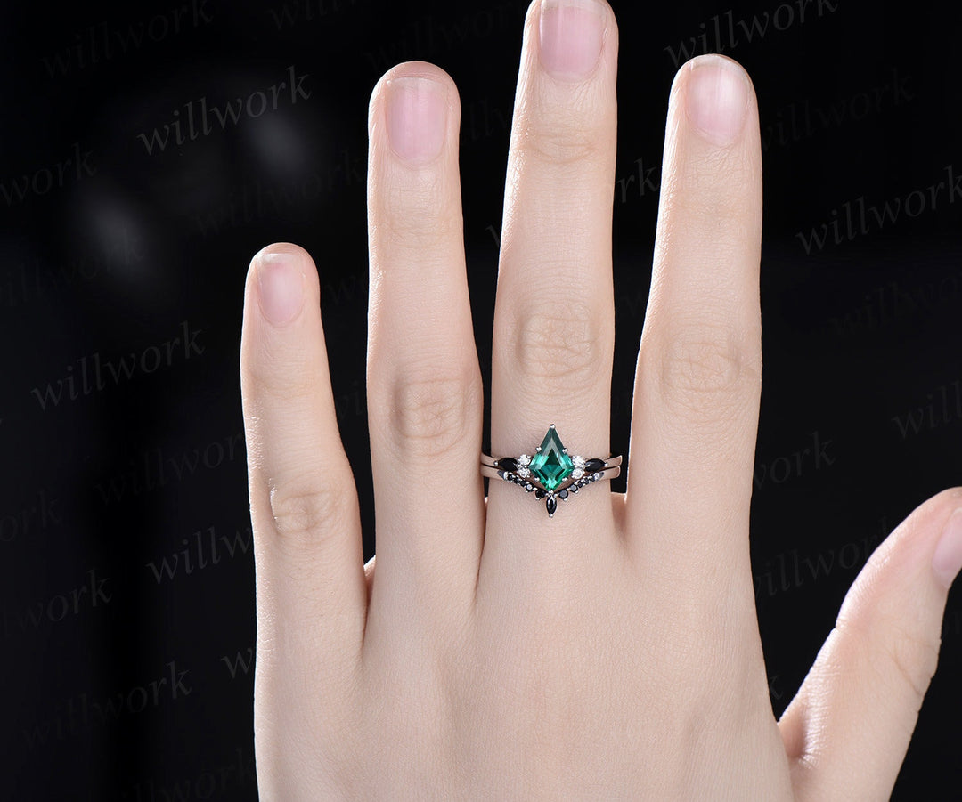 Kite emerald ring 6 prong emerald engagement ring set solid 14k white gold marquise black stone ring set women bridal set jewelry