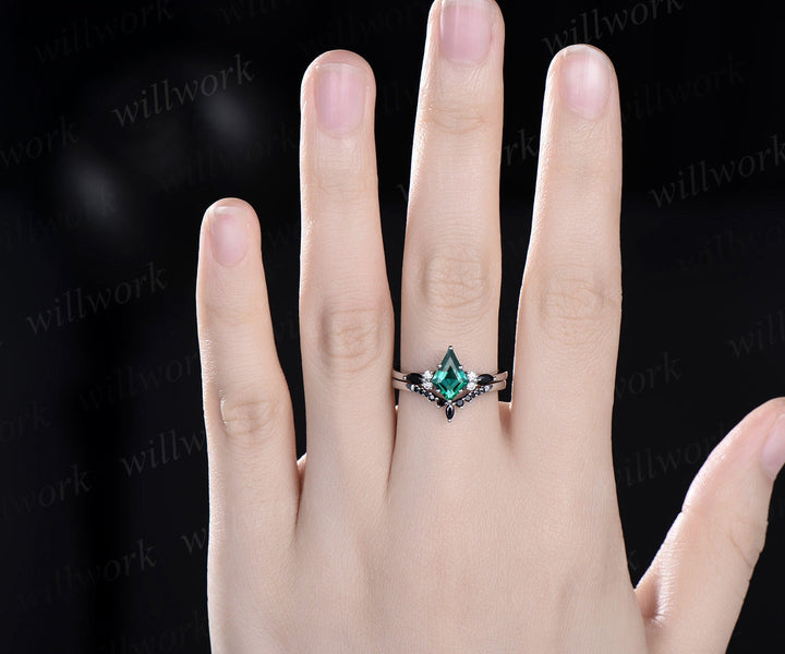 Kite emerald ring 6 prong emerald engagement ring set solid 14k white gold marquise black stone ring set women bridal set jewelry